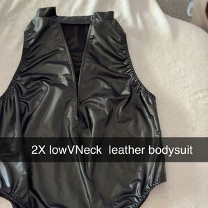 Black Leather V-Neck Bodysuit